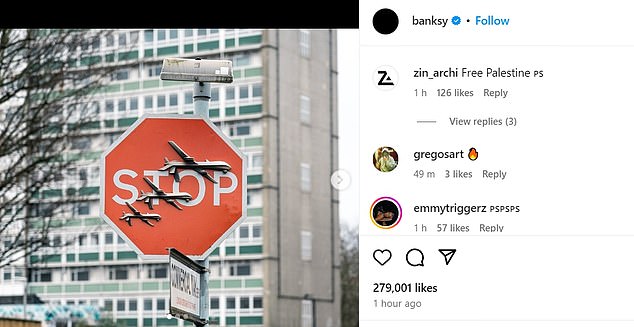 The artist confirmed the piece - a traffic stop sign covered with three military drones - was his in an Instagram today shortly after midday