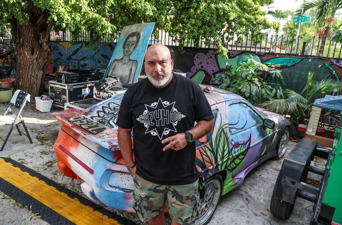 Eric Narciandi, a.k.a. DJ EFN poses during an event to celebrate the Crazy Hood Productions 30th anniversary at La esquina de la Abuela space in Miami, on December 02, 2023.