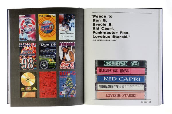 A spread of pages from a book show nine tape covers (on the left side) and a small stack of cassettes on the right, with lyrics from a Notorious B.I.G. song printed above them.