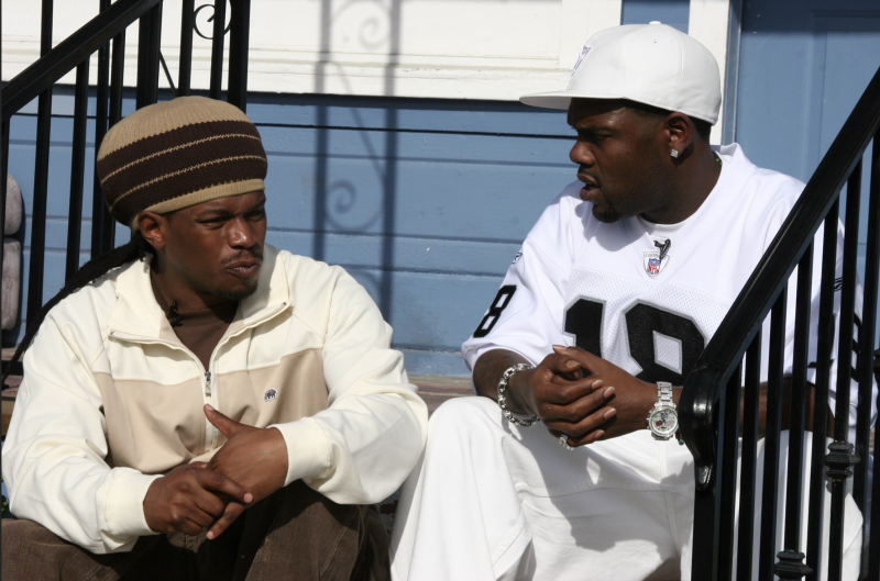 Host Sway Calloway and East Oakland MC Keak Da Sneak chop it up while filming an episode of the show 'My Block' for MTV.