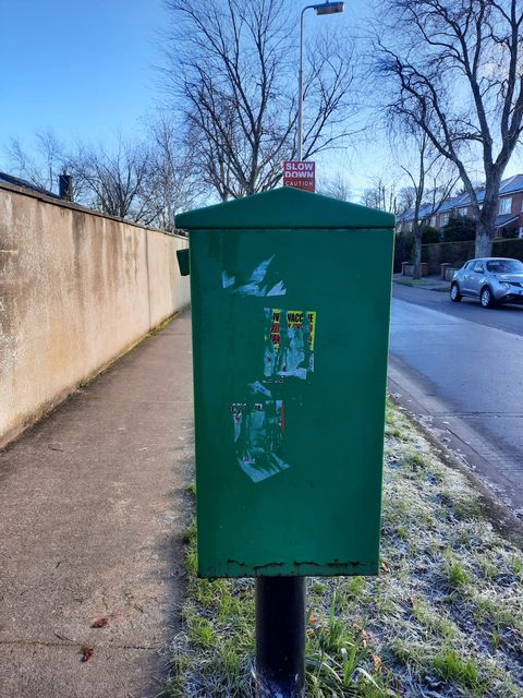 Sticker remnants spotted on a post box in Rathfarnham
