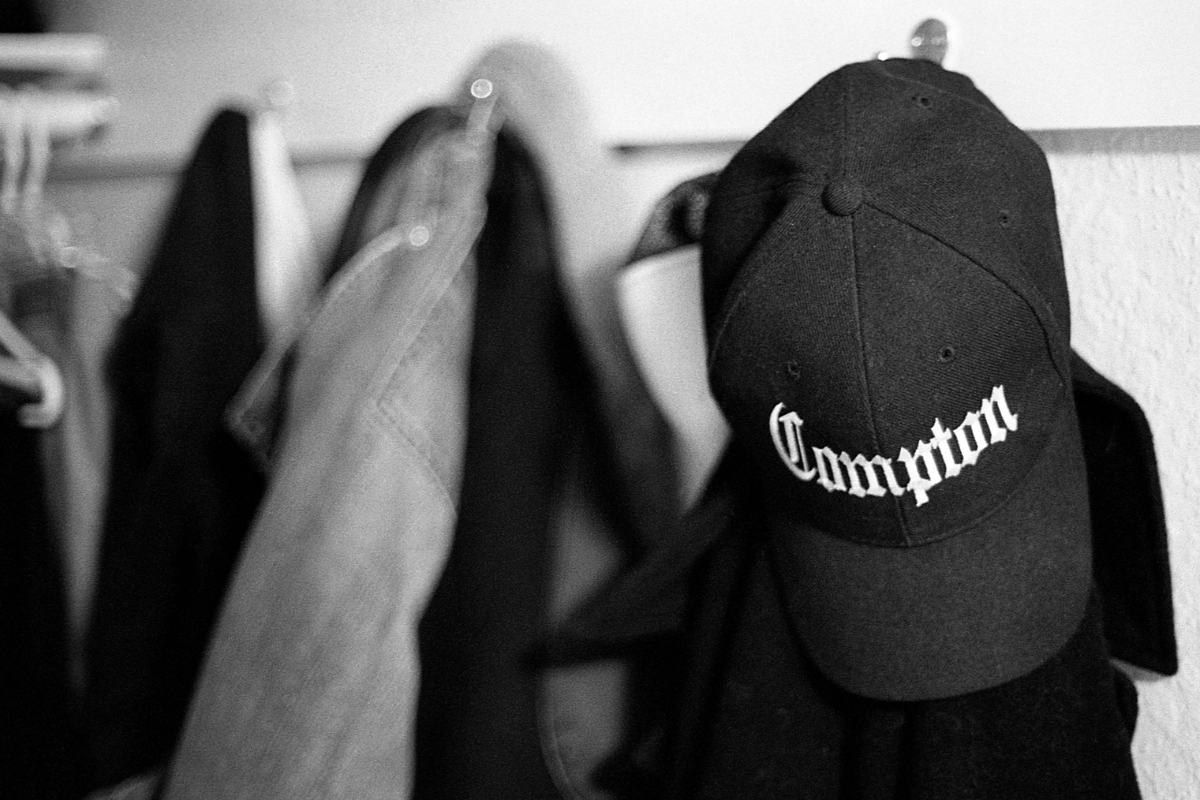 A hat that reads Compton