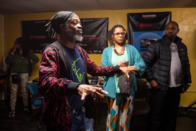 Mudd of 5 Elementz shares memories of working with J Dilla during Dilla Family Day at the Alkebu-lan Village on Saturday, Feb. 10, 2024 in Detroit. The event featured roller skating, educational workshops and a pizza lunch.