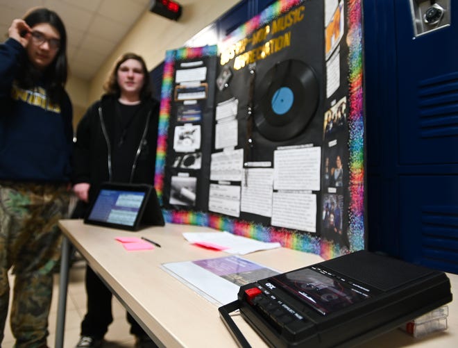 A cassette recorder showcasing one of the rap museum pieces on display at Lansing Eastern's celebration of 50-years of hip-hop, seen Friday, Feb. 16, 2024.