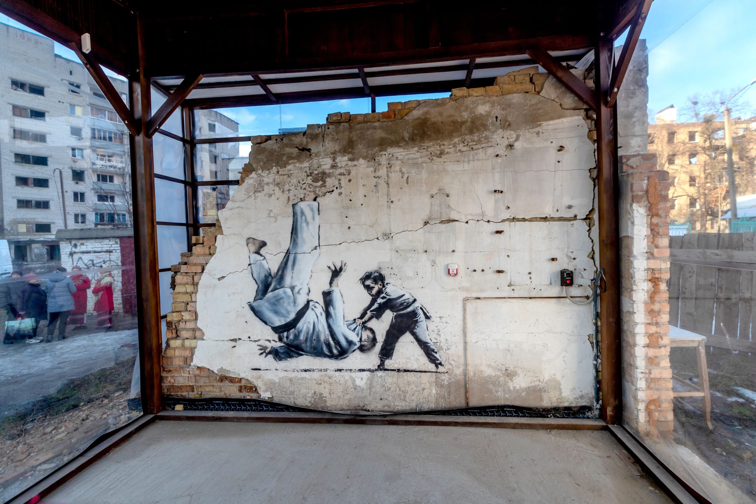 The Boy Who Defeats an Adult Judoka  by Banksy pictured in Borodianka, Kyiv region, northern Ukraine