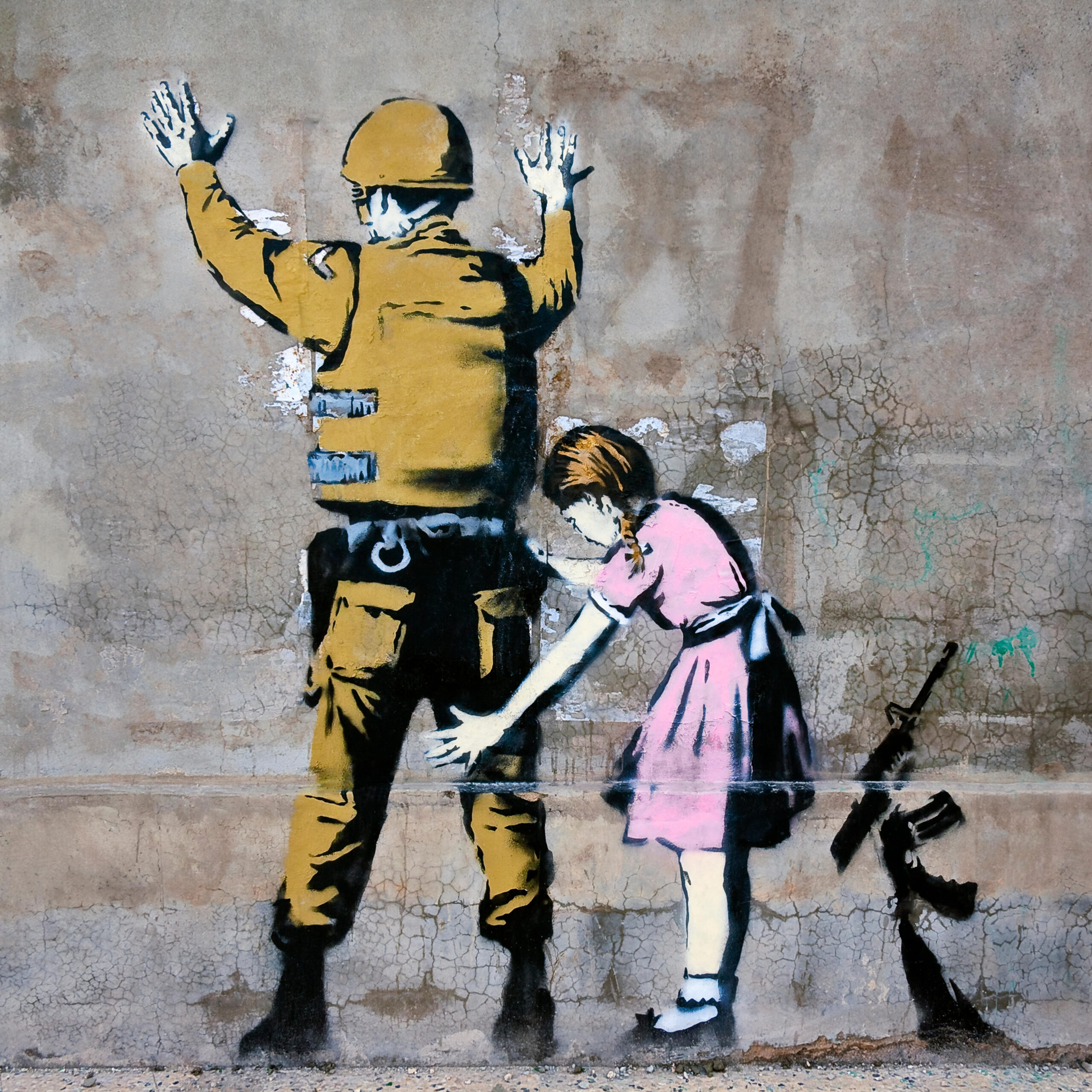 Girl Frisking Soldier by Banksy in Bethlehem, Palestine, appeared in 2007