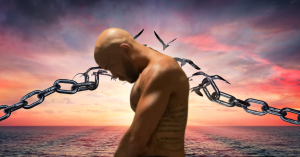 Image of GMS RAW, symbolizing his weight loss journey and personal transformation, set against a backdrop of a serene sunset and breaking chains, representing freedom and new beginnings.