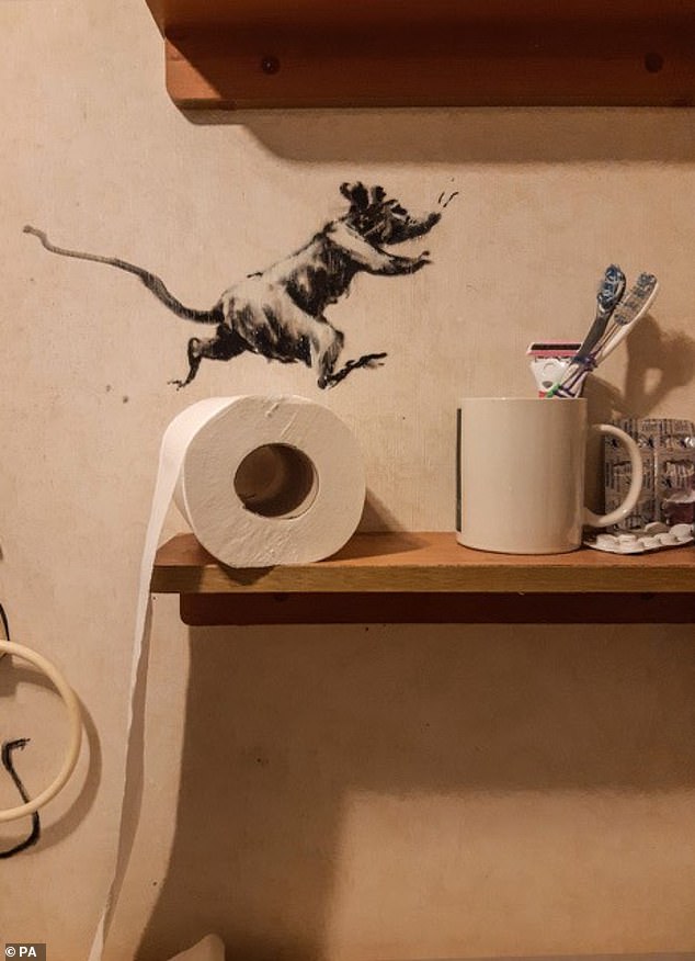 A section of a work Banksy created during lockdown in his bathroom. The artist captioned the social media post: 'My wife hates it when I work from home'