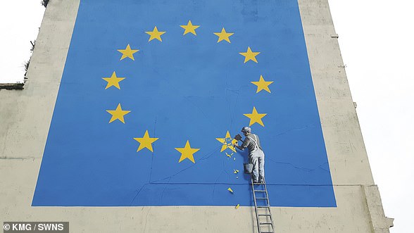 A Banksy anti-Brexit mural appeared on the side of a building in Dover, Kent, in May 2017