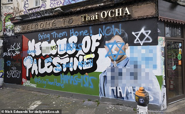 Defaced 'Heroes of Palestine' mural on Pedley Street East in London