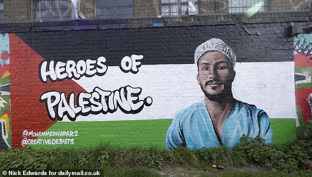 Controversy surrounds a mural, just outside Hackney Wick train station, close to West Ham's stadium. It shows surgeon Dr Mohammed Harara, one of the last five remaining physicians at Nasser Hospital in the southern Gazan city of Khan Younis before it was raided on February 15