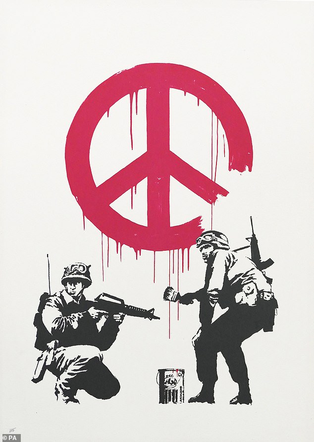 Banksy's 2005 work CND Soldiers, which depicts two soldiers graffitiing the symbol of the Campaign for Nuclear Disarmament on a wall