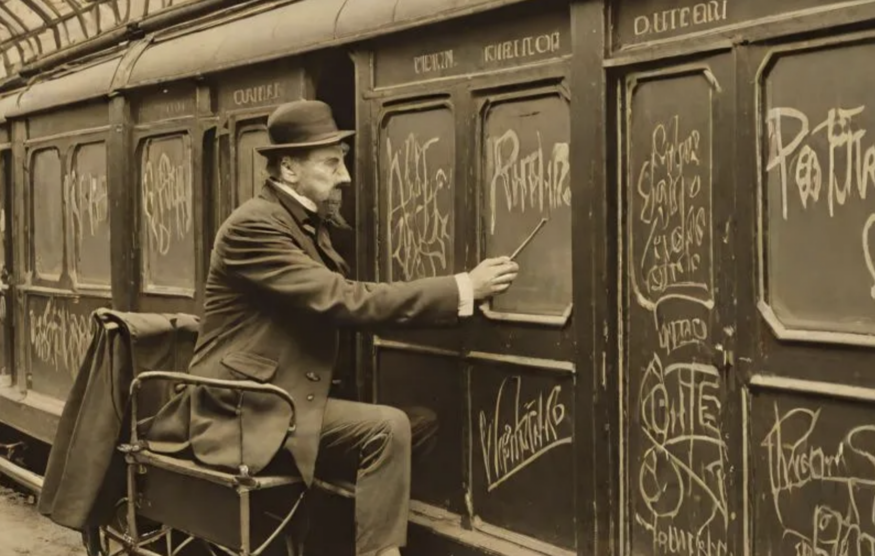 A Victorian gent writing on a tube carriage