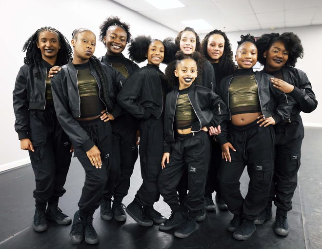 Savannah Eisele, 11, Skyla James, 11, Somaya Bennett, 11, Shelda Caddeus, 12, Amanda Oggre, 12, Isabella Wright, 12, Autumn Leslie, 11, London Skye, 12, and Kenyaliz Martinez, 12, during a rehearsal at Stajez Cultural Arts Center in Randolph on Saturday, April 13, 2024. Brockton dancers placed top five in the USA Hip Hop international dance competition Junior Division in Los Angeles, CA. BSR QUEENS will move on to compete and represent team USA at the World Hip Hop International Dance Competition in Phoenix, AZ August 2024.