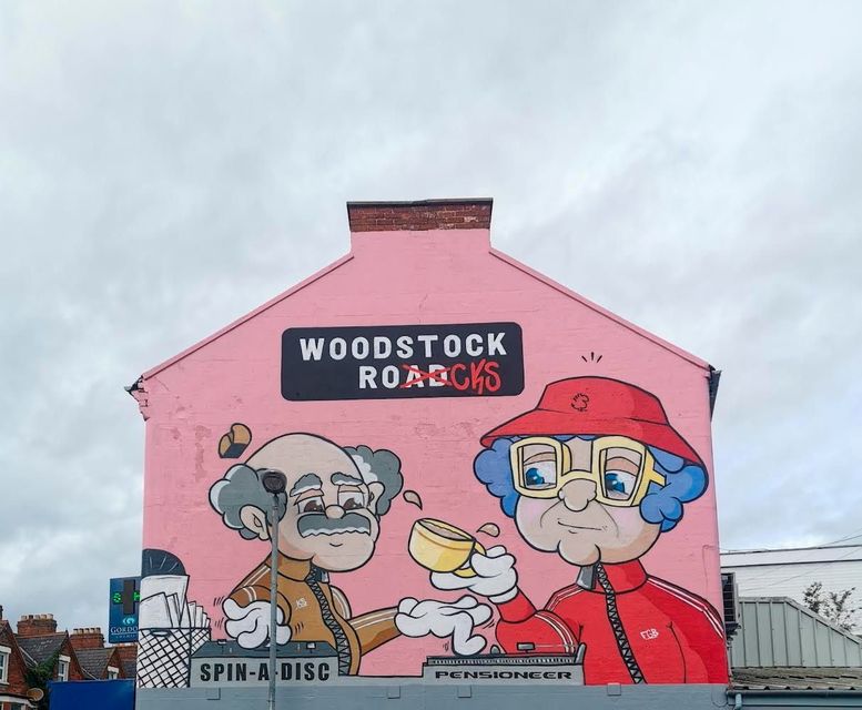 Mural by FGB & Katriona Sweeney at Gordons Chemist - a fun and colourful interpretation of some of the area's social and musical heritage - combining themes of local breakdancers in the 80s with popular tea dances enjoyed by our older generation.