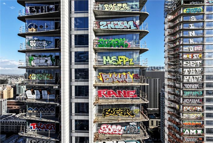 Two of three Graffiti Towers, Downtown Los Angeles. Courtesy of NBC News, photo by Mario Tama.