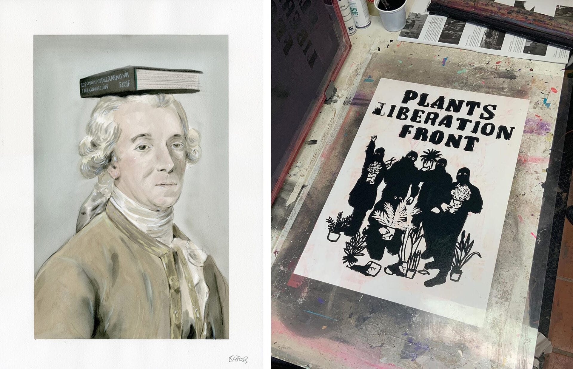 a side-by-side image showing, on the left, a watercolor portrait of an 18th-century man balancing a book on his head, and on the right, a print in a studio with the words 