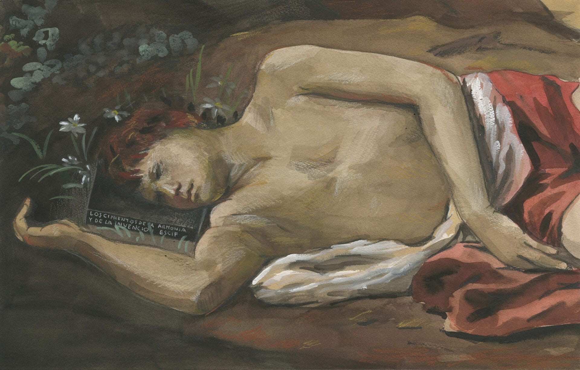 a horizontal watercolor painting of a young man partially wrapped ina robe, taking a nap on the ground and using a book as a pillow