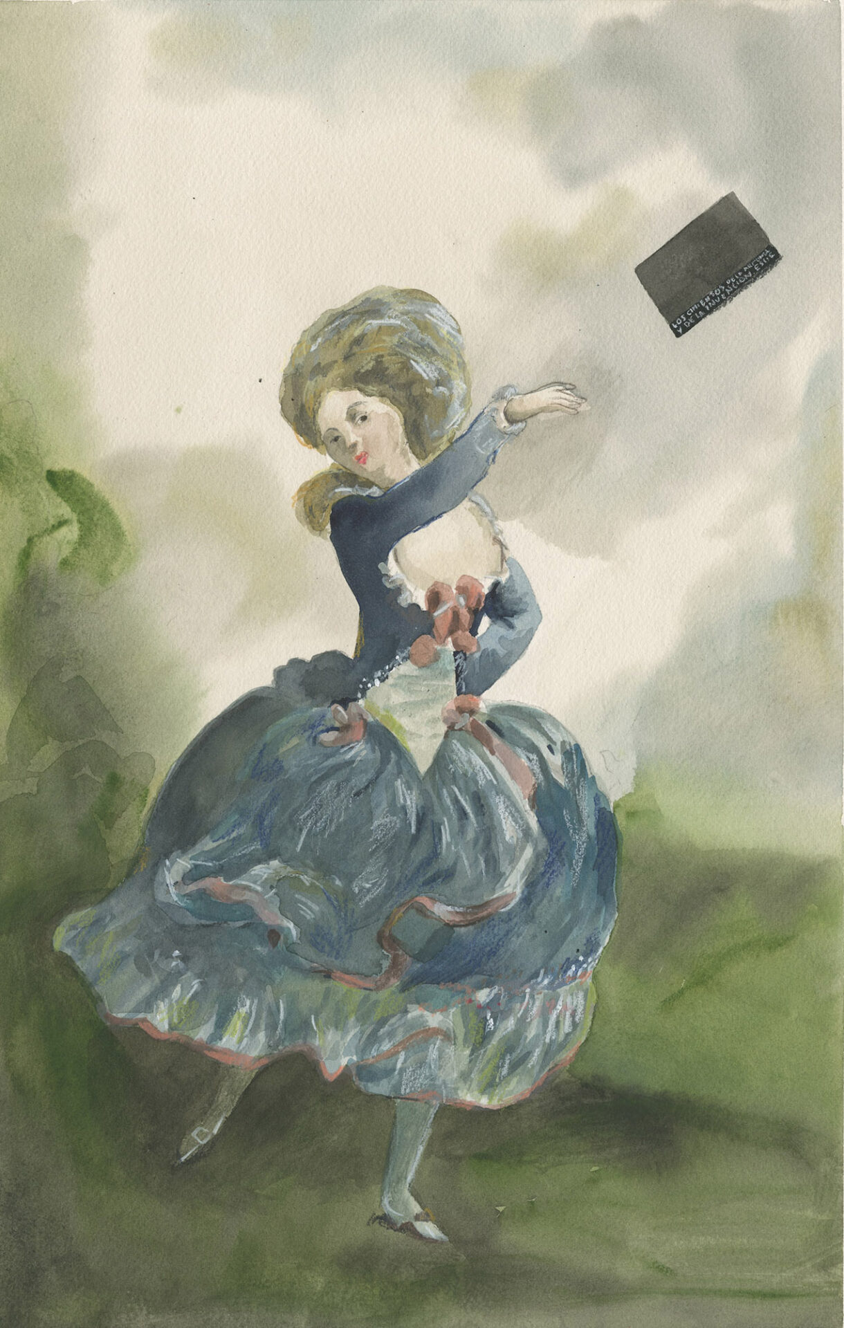 a watercolor painting of an 18th-century woman throwing a black book