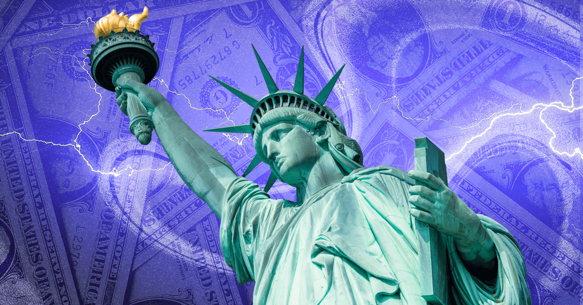 The Statue of Liberty against a purple background with a collage of lightning and dollar bills.