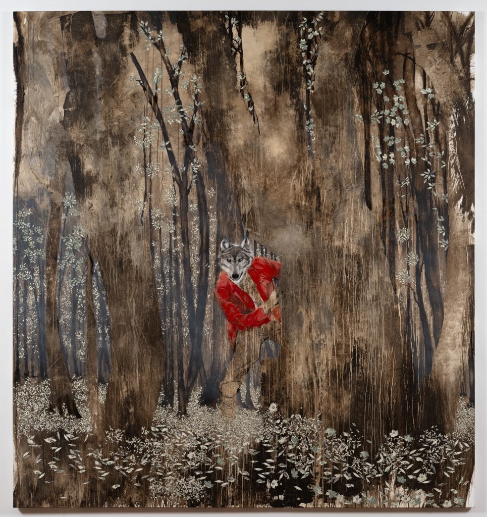 A painting of a dark wood, with a wolf in a red coat peeking through the trees