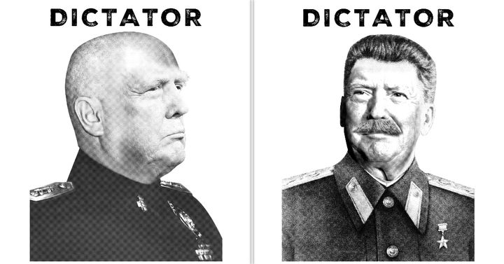 Thomas' art of Trump as Soviet Union’s Josef Stalin and Italy’s Benito Mussolini.