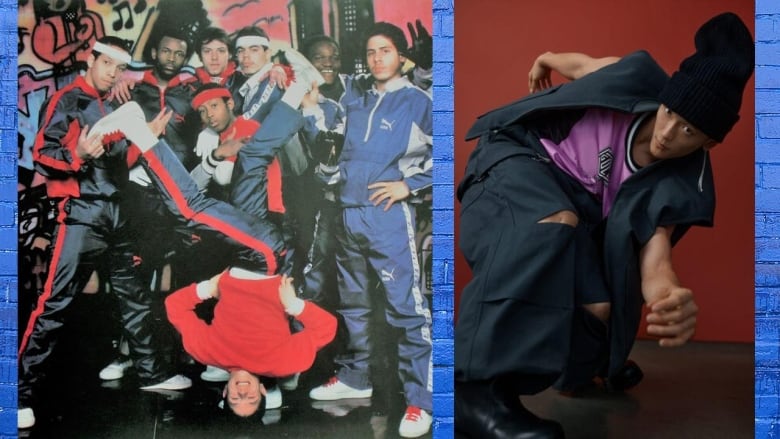 Two photos. Left: Breakdancers, Beat Street, pose in front of a graffiti'd brick wall. Right: Philip Kim.