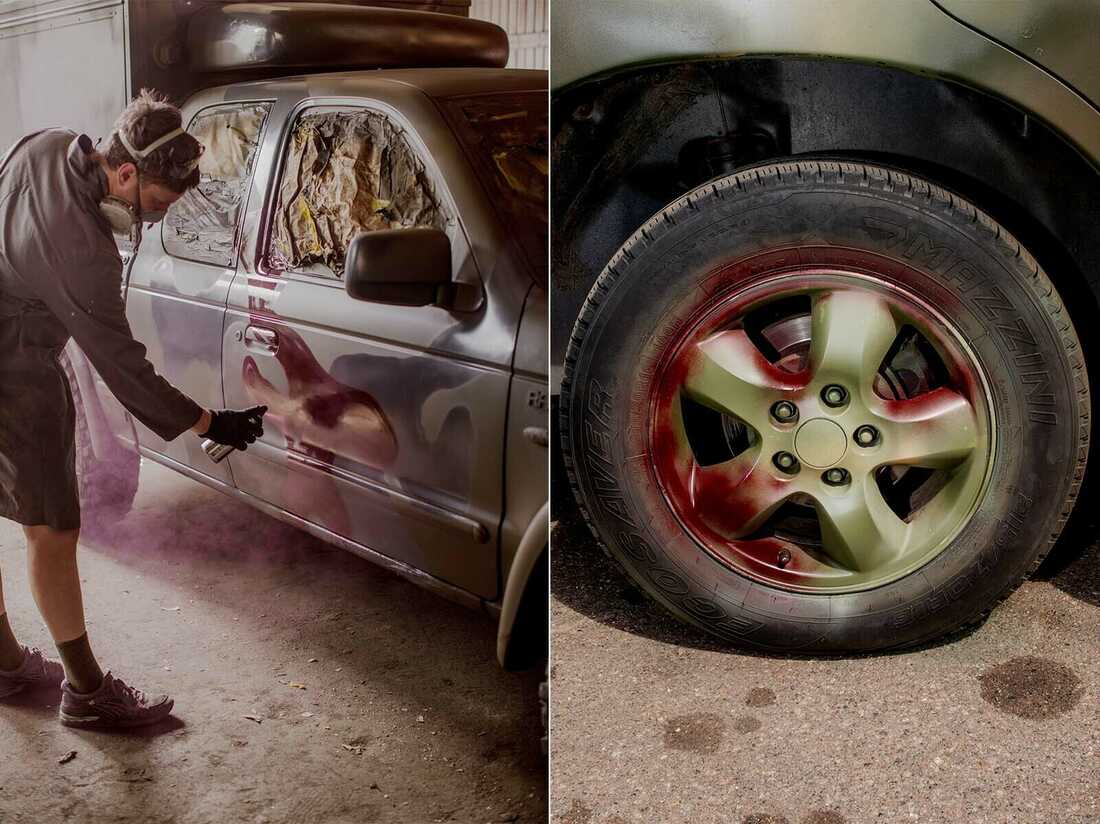 Left: A painter adds dark red spots to a truck to camouflage with the reddish dirt and mud. Right: The wheel of a newly painted truck.