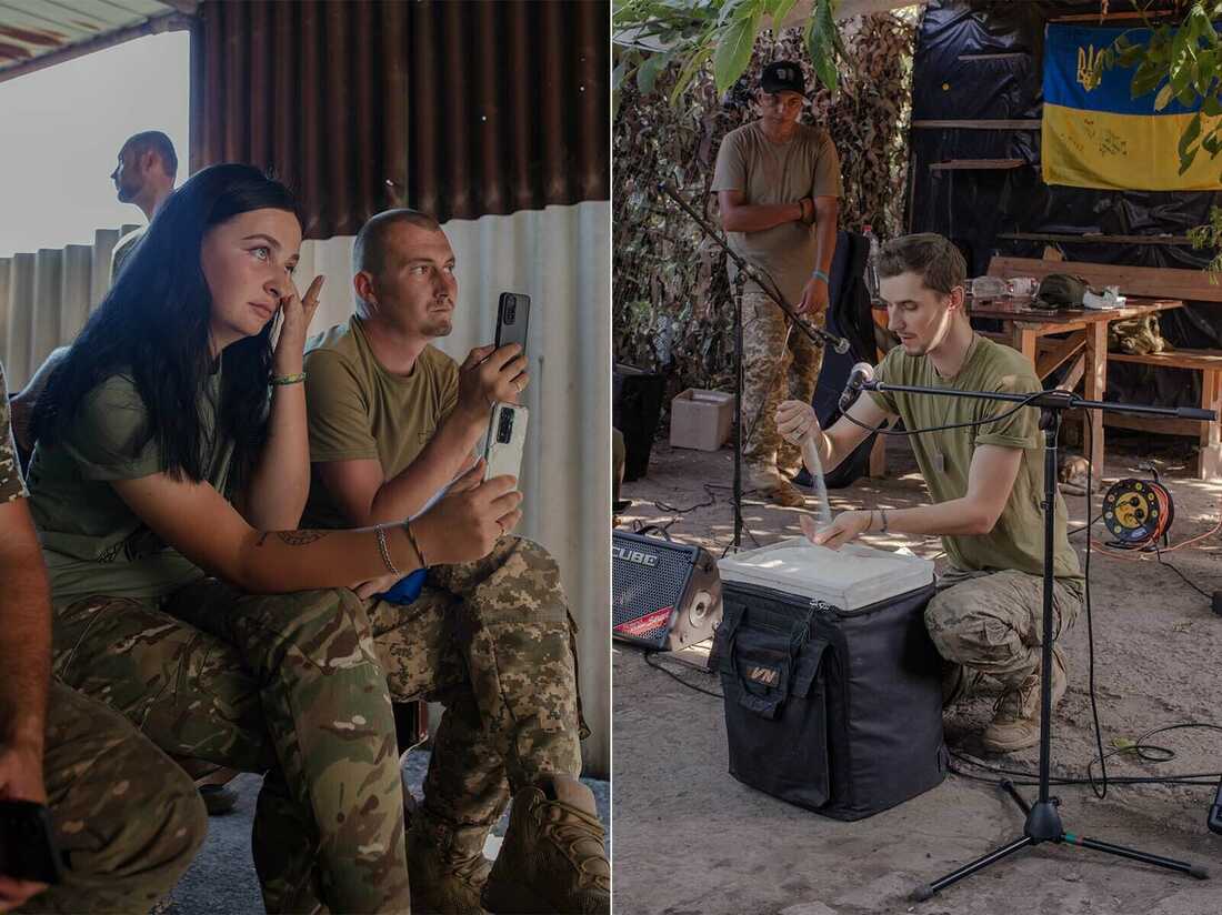 Left: The soldiers record with their phones and some wipe tears from their eyes while a band of soldiers plays a concert for soldiers near the front lines. Right:  Right: Valery Dzekh, an artist from Kharkiv, tells a story through a performance with puppets for the soldiers.