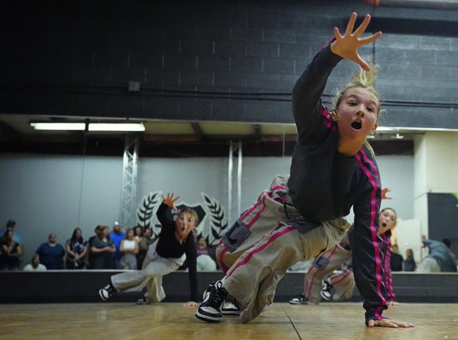 Legendz member Addison Griffin and teammates dance during a performance for friends and family as the team practices for the Hip Hop International's World Hip Hop Dance Championship Aug. 1, 2024, in Mesa, Arizona.