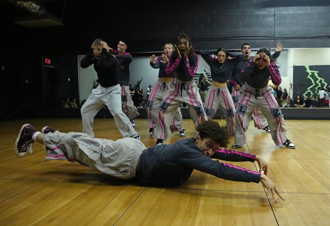 Isaiah Wilson (center) and Legendz dance during a performance for friends and family as the team practices for the Hip Hop International's World Hip Hop Dance Championship Aug. 1, 2024, in Mesa, Arizona.