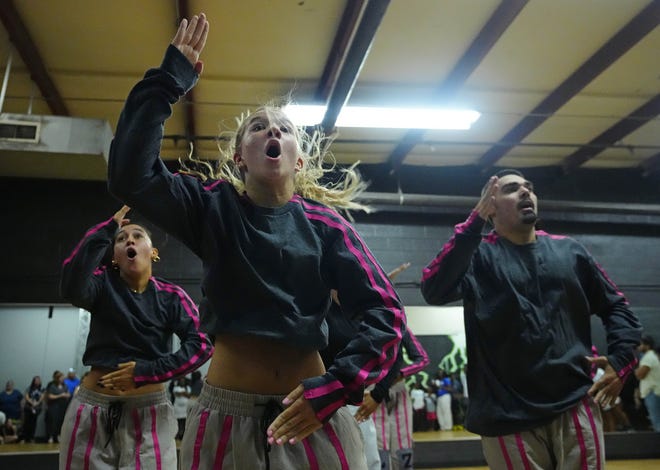 Legendz member Addison Griffin (front left) and teammates dance during a performance for friends and family as the team practices for the Hip Hop International's World Hip Hop Dance Championship Aug. 1, 2024, in Mesa, Arizona.