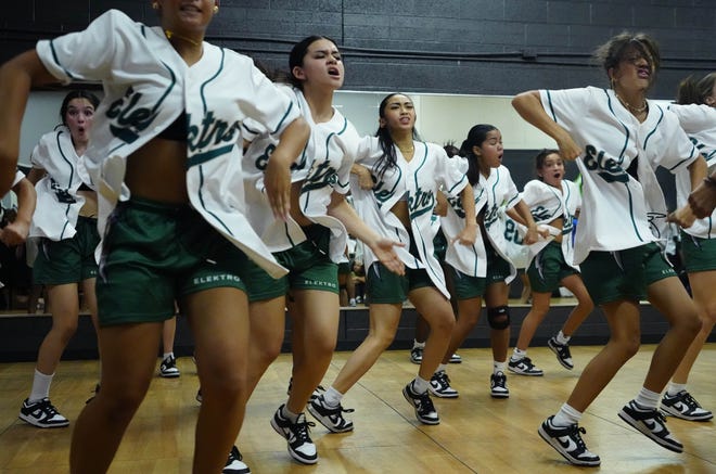 Hana Ira (center) and Elektro Crew dance during a performance for friends and family as the team practices for the Hip Hop International's World Hip Hop Dance Championship Aug. 1, 2024, in Mesa, Arizona.