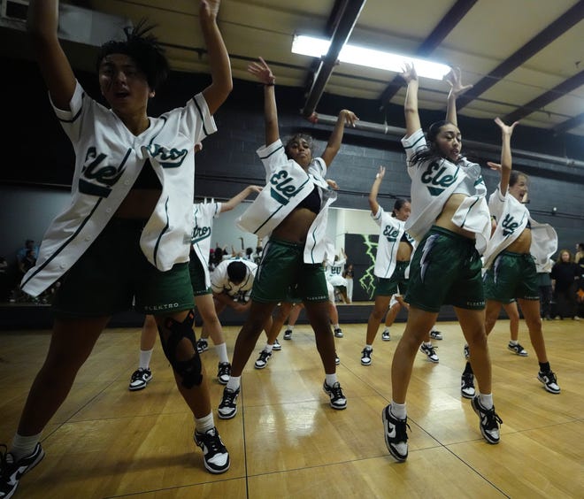 Elektro Crew dance during a performance for friends and family as the team practices for the Hip Hop International's World Hip Hop Dance Championship Aug. 1, 2024 in Mesa, Arizona.