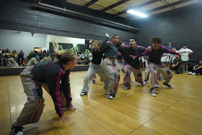 The dance group Legendz performs during a performance for friends and family as the team practices for the Hip Hop International's World Hip Hop Dance Championship Aug. 1, 2024, in Mesa, Arizona.