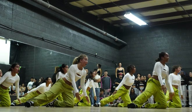 Elektro Elite, a back-to-back champion, dances during a performance for friends and family as the team practices for the Hip Hop International's World Hip Hop Dance Championship Aug. 1, 2024, in Mesa, Arizona.