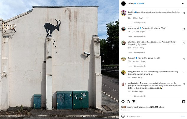 Banksy yesterday revealed a new piece featuring a goat perched in Kew Bridge, West London