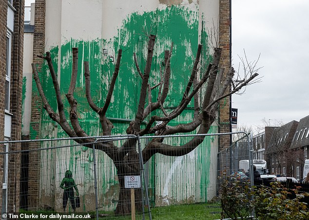 In March, the artist created a tree mural near Finsbury Park in North London, which saw a tree cut back with green paint sprayed behind it to give the impression of foliage