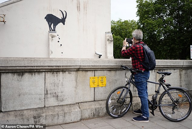 A member of the public takes a photo of Banksy's new piece of artwork near Kew Bridge