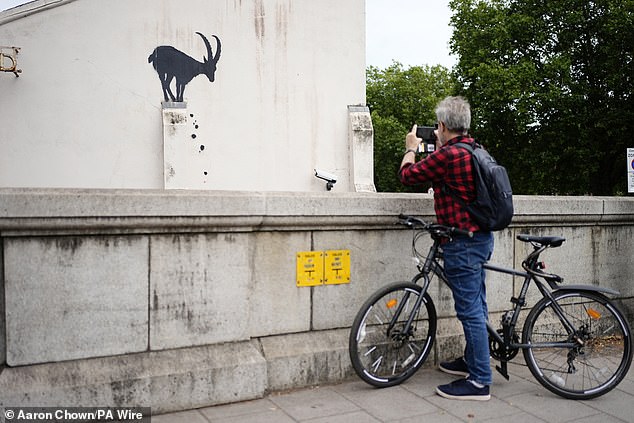 A member of the public takes a photo of Banksy's new piece of artwork near Kew Bridge today