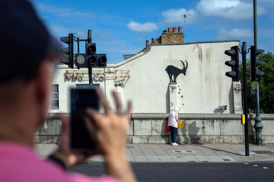 LONDON, ENGLAND - AUGUST 5: A man photographs a mural depicting a goat, purportedly by the street artist Bansky, on August 5, 2024 in the Richmond borough of London, England. The elusive artist shared a picture of the artwork on his Instagram account earlier today. (Photo by Carl Court/Getty Images)