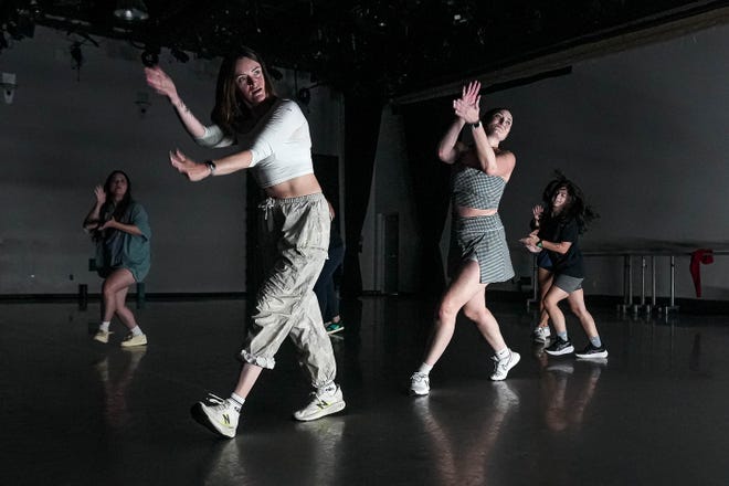 Natalia Momotenko, left, and Shelby Hadden, right, dance during the Hip Hop Groovers of Austin dance class at Ballet Austin’s Butler Center of Dance and Fitness on Monday, Sept. 9, 2024.