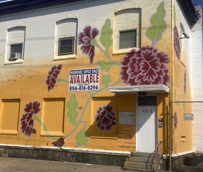 Painted flowers blossom on the walls of a building at North 10th and Elm streets.