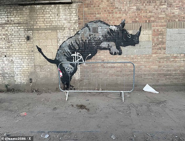 Banksy's recent rhino mural was vandalised shortly after it was discovered on Monday