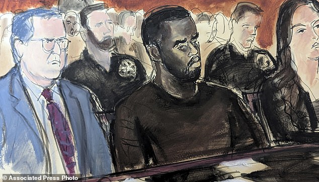 In this courtroom sketch, Sean Combs, center, is flanked by his defense attorney Marc Agnifilo, left, and Teny Garagos, in Manhattan Federal Court Tuesday