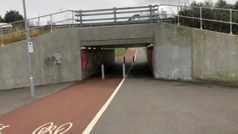 John Devine/BBC A grey concrete underpass at the Ely leisure village that goes beneath the A10 between Ely and Littleport. It is about 4-meters wide and 6-metres long and has red tarmac one side for cycles and grey the other for pedestrians. It has lights on the inside walls and art work can be seen on the walls of the subway.