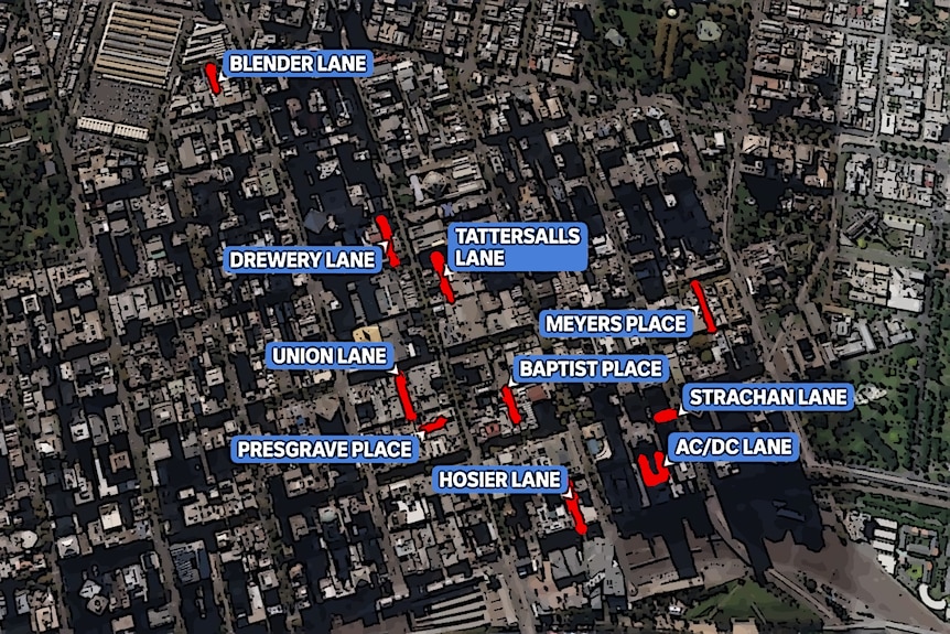 A map of alleyways where graffiti is permitted in Melbourne