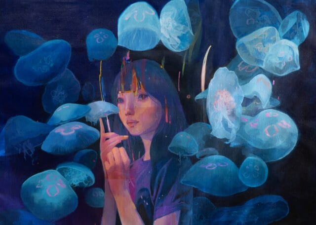 a painting of a woman surrounded by blue floating jellyfish