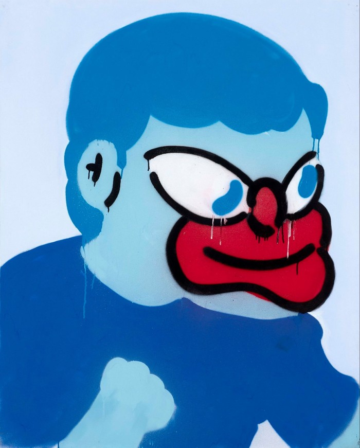 The painting shows a cartoon-like figure with blue skin and hair and a bright-red mouth and nose is wearing a blue T-shirt and holding up a fist