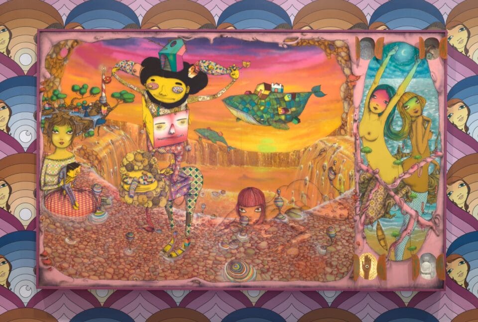 a painting of a chaotic scene with yellow characters, some of whom are nude, and a flying blue whale in the background. a gushing waterfall of gold is in the background